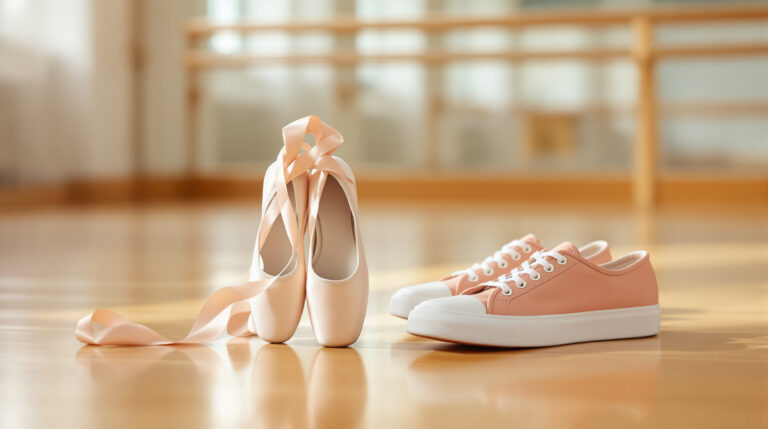 Scarpette da danza classica e sneaker colorate, simbolo della scelta tra danza classica e Baby Modern