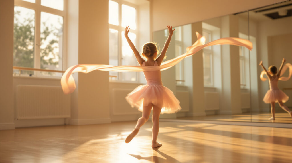 Bambina gira felice con un nastro colorato in una sala di danza luminosa
